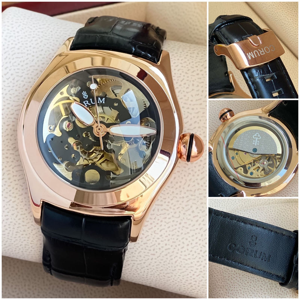 Corum Inspired Automatic Watch – 44mm Rose Gold Case, Black Leather Strap, 7AAA Premium Quality, Transparent Caseback