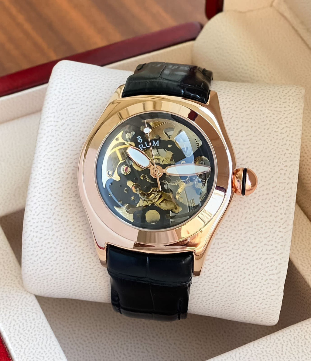 Corum Inspired Automatic Watch – 44mm Rose Gold Case, Black Leather Strap, 7AAA Premium Quality, Transparent Caseback