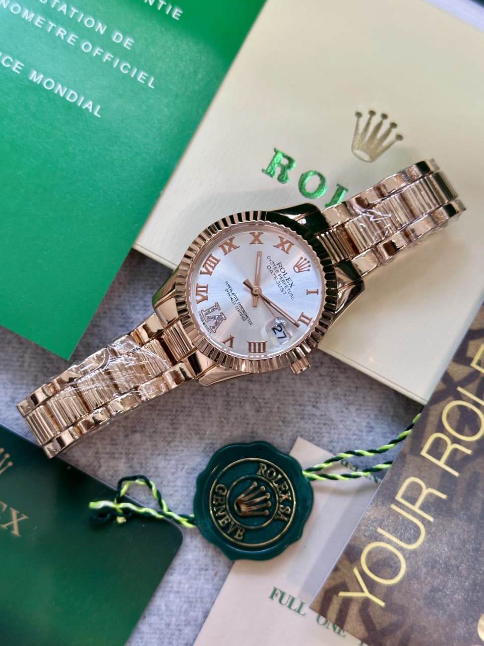 Rolex Datejust Oyster Perpetual Inspired Women’s Watch – 28mm White Textured Dial, Roman Numerals, Gold Diamond Bracelet (5A Premium)