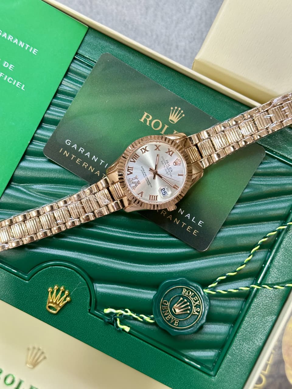 Rolex Datejust Oyster Perpetual Inspired Women’s Watch – 28mm White Textured Dial, Roman Numerals, Gold Diamond Bracelet (5A Premium)