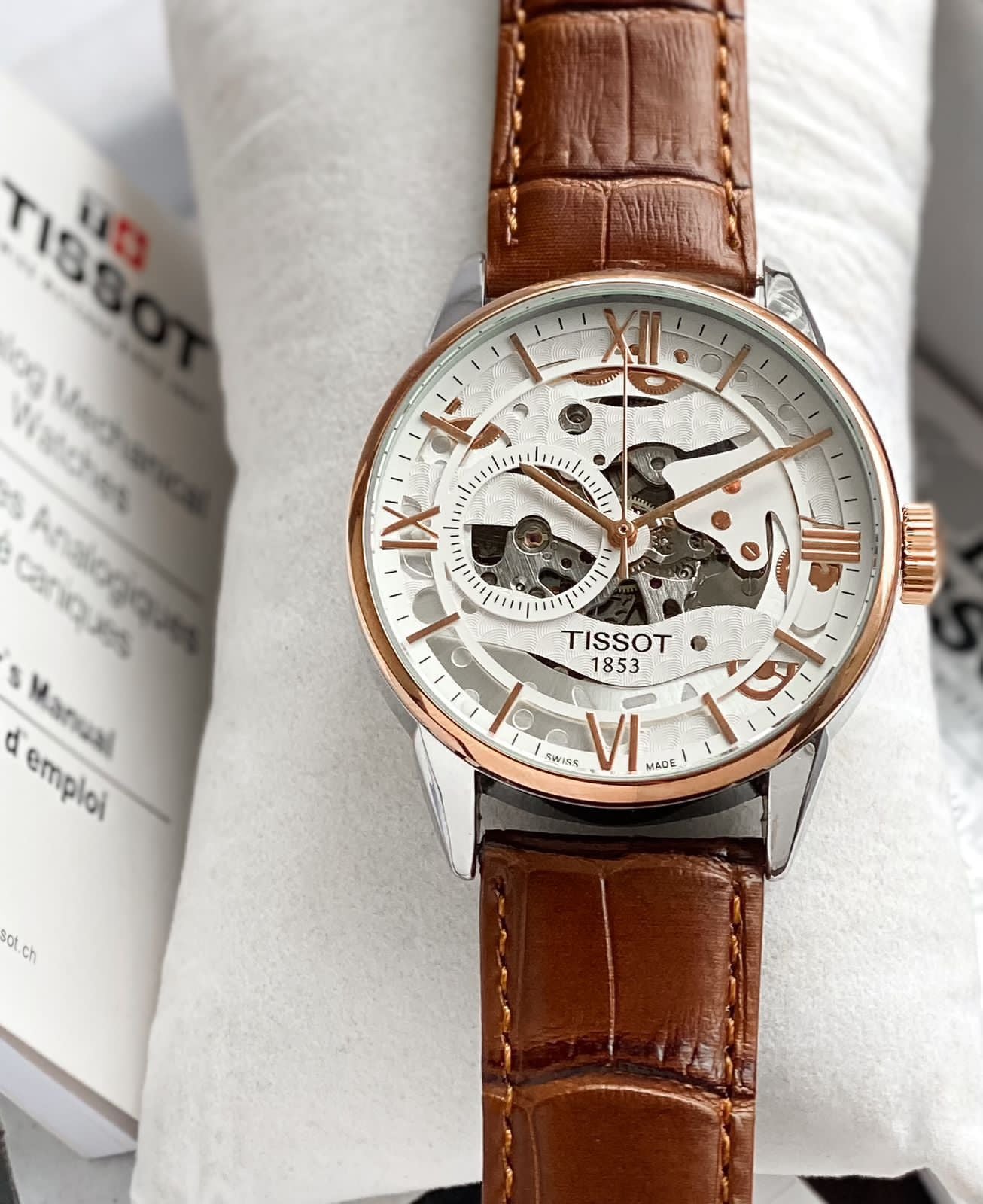 Tissot Le Locle Inspired Automatic Watch for Men – Brown Leather Strap, Solid Copper Bezel, Open Back, Sapphire Crystal, 7AA Premium