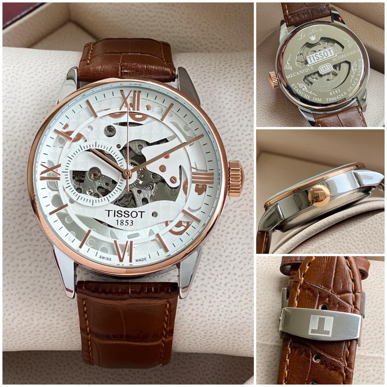 Tissot Le Locle Inspired Automatic Watch for Men – Brown Leather Strap, Solid Copper Bezel, Open Back, Sapphire Crystal, 7AA Premium